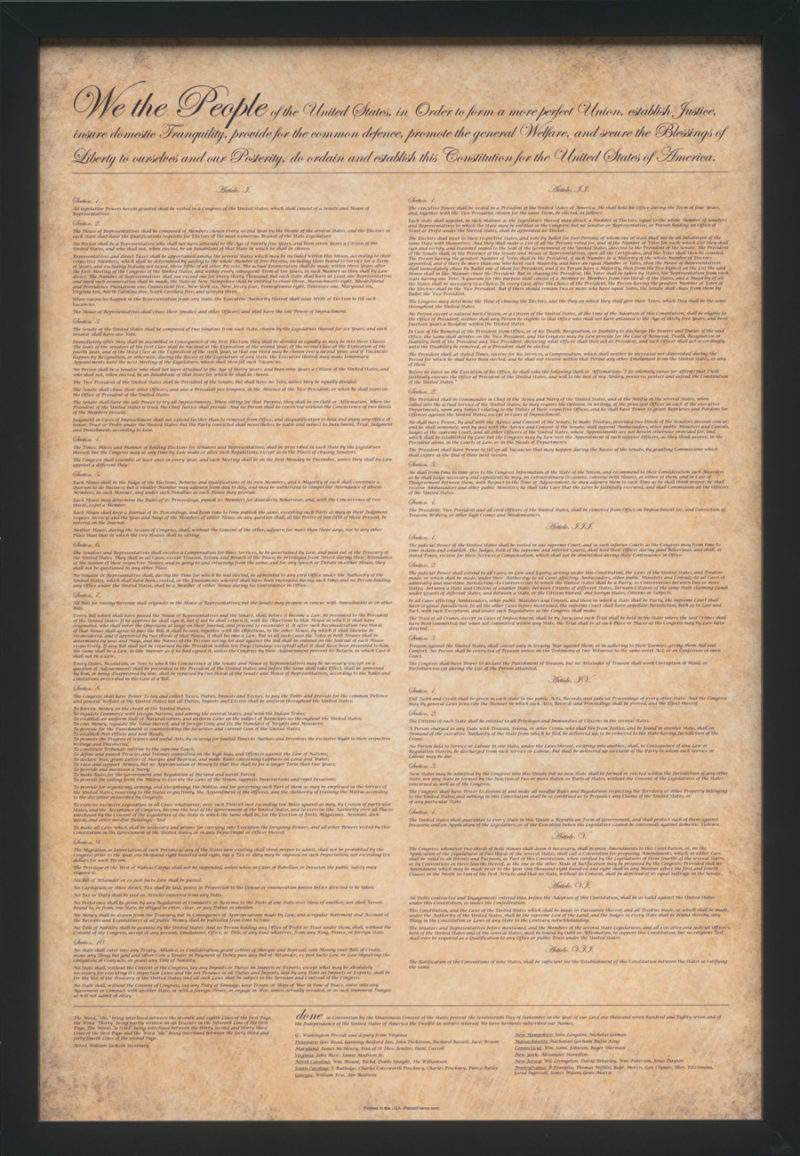 U.S. Constitution Poster - Parchment and Black Frame