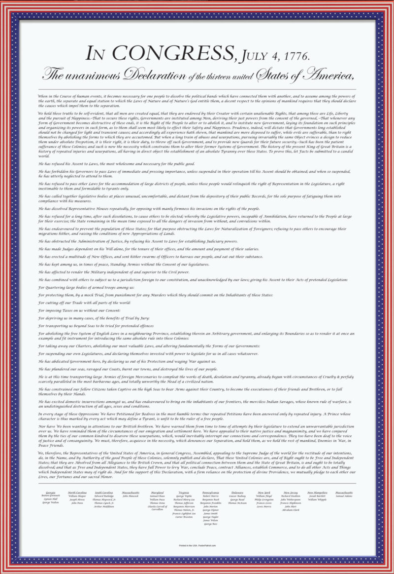 U.S. Declaration of Independence poster that is legible in black and white